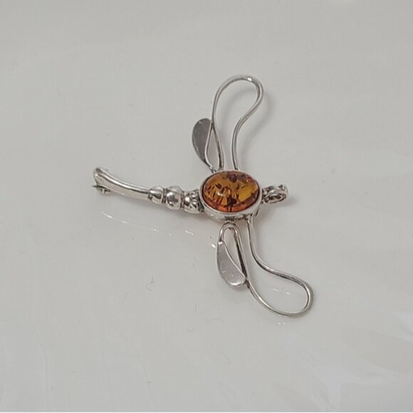 Vintage Sterling Silver Baltic Amber Gemstone Dragonfly Brooch Pendant - Picture 8 of 10